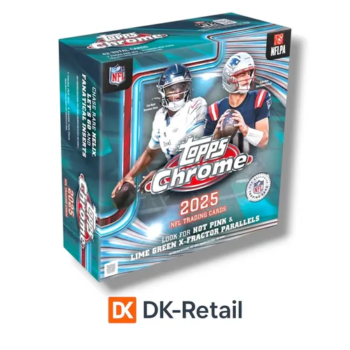 Topps Chrome Football NFL Mega Box 2025 (Englisch) - Erlebe die NFL mit der Topps Chrome Football Mega Box 2025! Hochwertige Chrome-Karten, exklusive Inhalte und die Chance auf seltene Inserts machen dieses Set zum Highlight für Sammler und Fans.