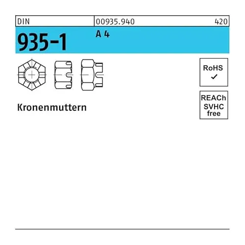 Reyher Kronenmuttern DIN 935 -1 A 4 M 20 A 4 (10 Stück) - Vierkantmuttern in hochwertiger Qualität aus Deutschland, ideal für robuste Befestigungen mit Gewindegröße 20 mm.