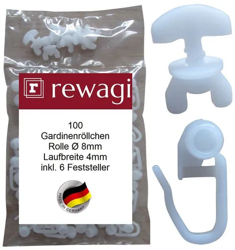 rewagi Gardinenröllchen 100 Gardinenröllchen Ø 8mm inkl. 6 Feststeller, Gardinen, Vorhänge, Gardinenstangen, Innenlaufsysteme, Gardinenschienen, (106-St., 100 Gardinenröllchen & 6 Feststeller)