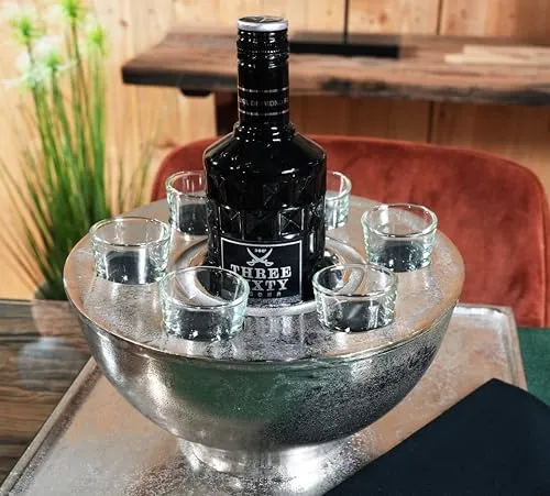 Eleganter Flaschenkühler für Spirituosen mit 6 Shotgläsern - Weinkühler & Sektkühler aus hochwertigem Aluminium, handgefertigt mit einzigartiger Raw-Optik. Ideal für Partys und als Geschenk, hält Getränke lange kühl und ist ein stilvoller Blickfang.