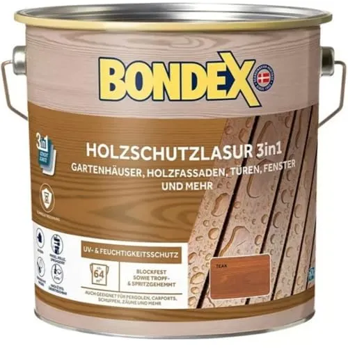 Bondex Holzschutzlasur 3in1 außen, 4L - Teak, UV- & Feuchtigkeitsschutz - Farben & Lacke - Innovative 3in1 Holzschutzlasur für Außenanwendungen, bietet Filmschutz, Grundierung und Endbeschichtung in einem. Schützt effektiv vor UV-Schäden und hält die Holzstruktur erhalten.