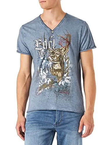 Stockerpoint Herren Edelbock Trachtenshirt - Rauchblau XL - Trachtenhemden für Herren mit V-Ausschnitt und Knopfleiste, ideal für festliche Anlässe oder Freizeit.