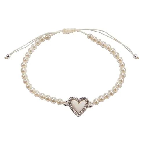 Alpenflüstern Perlen-Trachten-Armband Strass-Herz mit Ziehverschluss - Damen-Trachtenschmuck mit silber-farbenem Trachten-Herz, verstellbare Trachten-Armkette, Perlenarmband (creme-weiß) DAB084