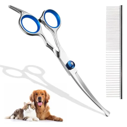 Fellschere für Hunde und Katzen, Gebogene Schere Hundeschere Set Profi Runder Grooming Schere, Haustier Kamm, aus robustem Edelstahl (Blau)