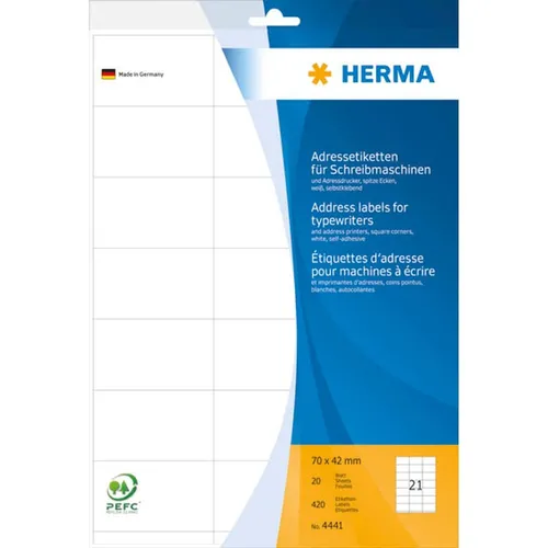 HERMA Adressetiketten 4441 weiß 70,0 x 42,0 mm, 20 Blatt