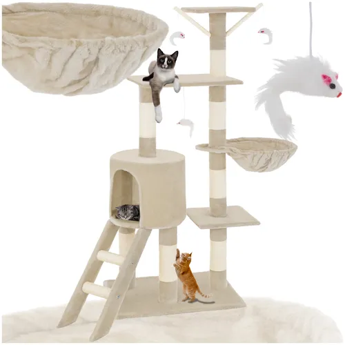 tectake® Kratzbaum 144 cm mit Katzenhaus und Treppe - Kratzbaum für Katzen, ausgestattet mit 3 Spielmäusen und Kippschutz. Ideal zum Krallen schärfen und als gemütlicher Schlafplatz.