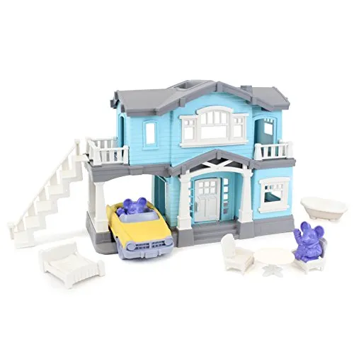 Green Toys House Playset - Mehrstöckiges Puppenhaus mit Cabriolet und zwei Figuren, aus 100% recyceltem Kunststoff und spülmaschinenfest, ideal für kreatives Spielen drinnen und draußen