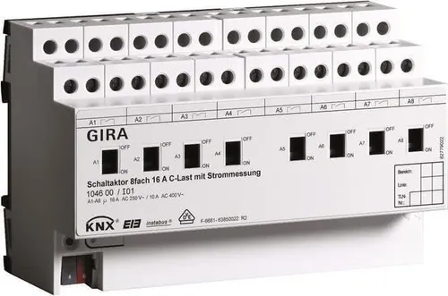 Gira 104600 Schaltaktor 8f 16 A Hand + Strom C-Last - KNX Schaltaktor für Elektroinstallationen mit 8 Kanälen, Handbetätigung und integrierter Strommessung. Ideal für effizientes Energiemanagement und unabhängiges Schalten von Lastgruppen.