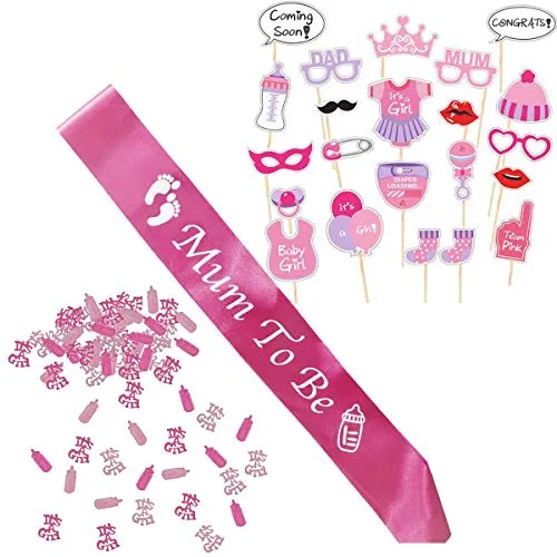 Babyparty Deko Mädchen, Baby Shower Madchen, Baby Party Dekoration fur Babydusche Rosa, Neugeborene Fotorequisiten Masken, Mum to Be Fuchsie Schärpe und Konfetti