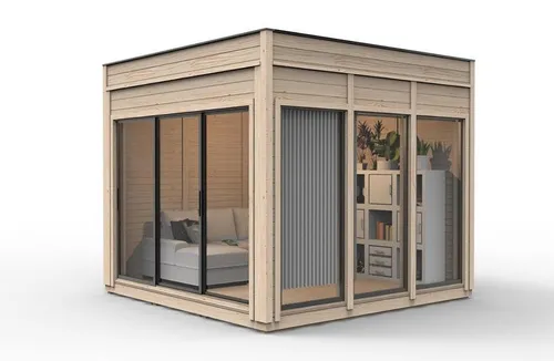 Campinghütte Holzhaus Freizeithaus für den Garten - Geräumige Campinghütte aus Kiefernholz mit 6 Fenstern, ideal für entspannte Wochenenden im Garten. Moderner Stil, kompakte Maße von 3,5 x 3,5 m und einfache Montage.