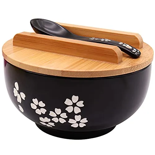 XCMVCN Ramen Schüssel mit Deckel, 1000 ml Schwarze Keramik Ramenschüssel, Premium Japanische Instant Nudel Schüssel für Instantnudeln, Suppe, Nudel, Pho, Udon und Soba
