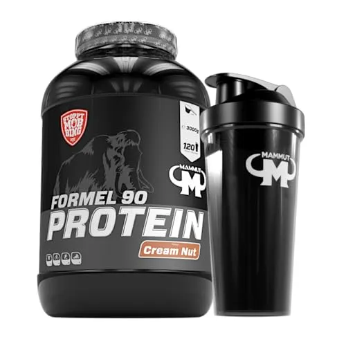 Mammut Nutrition Formel 90 Proteinpulver Nuss 3 kg – 4-Komponenten Protein für Sportler - Vielseitiges Proteinpulver mit hochwertigem Eiweiß aus vier Quellen, ideal zur Unterstützung einer ausgewogenen Ernährung. Inkl. praktischem Shaker für einfache Zubereitung.