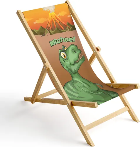 Kinder Holz-Liegestuhl Personalisierbar Klappbar Klappliegestuhl Sonnenliege Strandstuhl Wechselbezug Motiv T-Rex [119]
