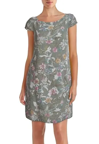 PEKIVESSA Leinenkleid Knielang mit Blumen-Print Kurzarm Olivgrün 46 (3XL)