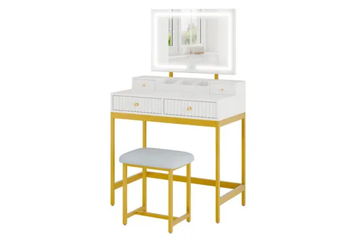 Mondeer Schminktisch Schminktisch mit Hocker, LED-Spiegel (3 Lichtmodi), Stauraum & Wellendesign, 80x45x132 cm