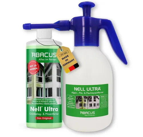 ABACUS® Nell Ultra Grünbelagentferner & Algenentferner Set - 1000ml - Moosbekämpfung und Langzeitschutz für bis zu 12 Monate, entfernt selbsttätig Algen und Grünbelag auf allen wasserfesten Oberflächen – extrem ergiebig und umweltfreundlich.