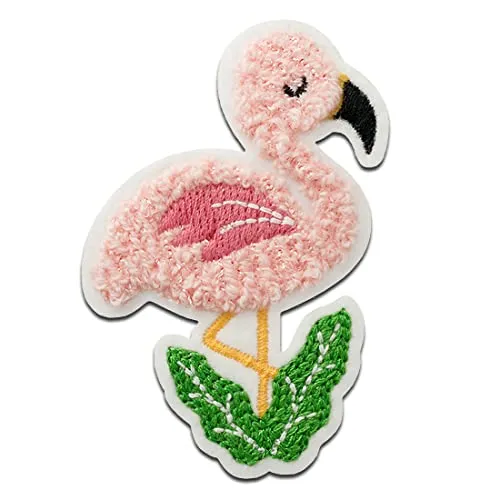 Mono Quick Flamingo flauschig Chenille Tier - Aufnäher, Bügelbild, Aufbügler, Applikationen, Patches, Flicken, zum aufbügeln, Größe: 6,9 x 5 cm