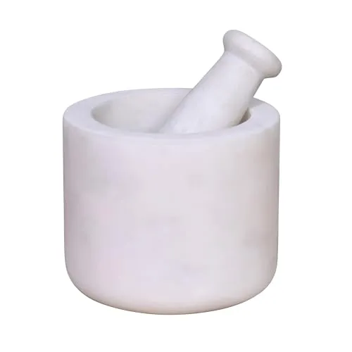 BOX And Tree | Großer Mörser und Stößel aus natürlichem weißem Marmor, handgefertigtes Kunsthandwerk für Gewürze, Pesto, Kräuter – Küchenstößel aus Stein, Entsafter – (weißem, 13CM)