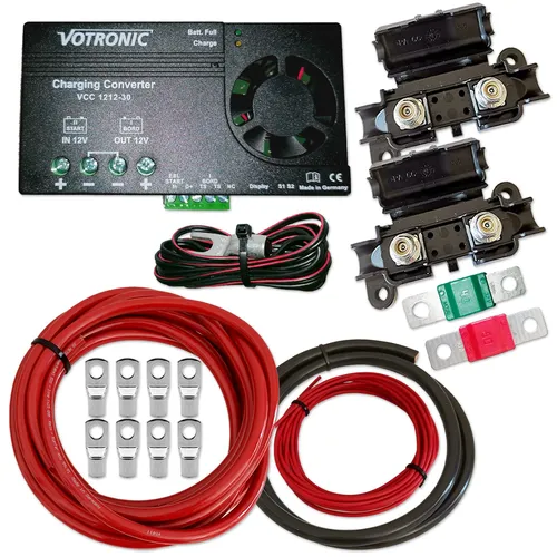 Votronic VCC 1212-30 Ladebooster Komplettset mit 6m Kabel - Effizientes Zweitbatterieset für Wohnmobile und Boote. Der 12V Ladebooster sorgt für geringe Spannungsverluste und einen stabilen Ladestrom bis 30A. Inklusive hochwertigem Vollkupfer-Kabelsatz und Sicherungshaltern.