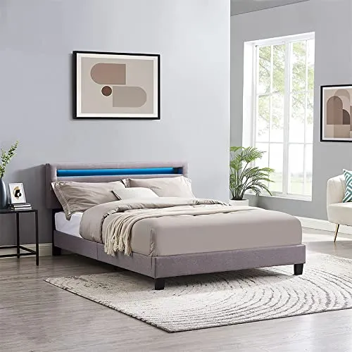 CARO-Möbel Polsterbett Lexington 140x200 cm mit LED Beleuchtung - Skandinavisches Einzelbett mit bequemem Stoffbezug und 7-facher LED-Beleuchtung für stimmungsvolles Licht, inkl. Lattenrost für optimalen Komfort.