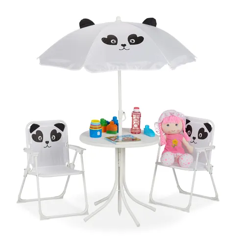 Relaxdays Camping Kindersitzgruppe mit Panda Motiv - 4-teiliges Möbelset mit Klappstühlen, Tisch und einem höhenverstellbaren Sonnenschirm – perfekt für Garten, Camping und Strand. Ideal für Spiel, Picknick und Pausen im Freien!