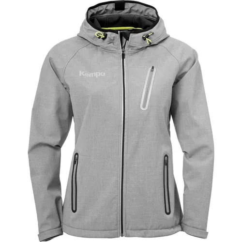 Kempa Handball Core 2.0 Softshell Jacke Damen grau schwarz - Sportjacke für Damen mit tailliertem Schnitt, bietet optimalen Wind- und Wasserschutz, perfekt für aktive Outdoor-Aktivitäten.