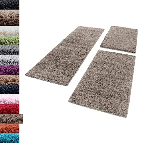 Carpettex Bettumrandung Schlafzimmer 3teilig Shaggy Teppich Hochflor Einfarbig Taupe Bettset:2 mal 60x110 + 1 mal 100x200