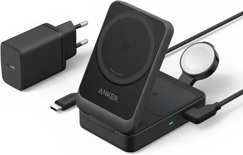 Anker MagGo - 3-in-1 Kabelloses Ladegerät - Kabelloses Qi-Ladegerät, faltbar und leistungsstark mit 15 Watt für schnelles Laden von Smartphone, AirPods und Apple Watch.