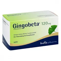 Gingobeta 120 mg Filmtabletten - Pflanzliches Produkt mit Ginkgo-Biloba-Extrakt zur Unterstützung der kognitiven Fähigkeiten. Ideal für eine gezielte Förderung der Konzentration und Gedächtnisleistung im Alltag.