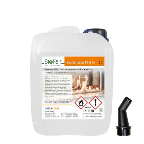 BioFair Bioethanol - Reiner Brennstoff - Bioethanol für Bioethanolkamin, Ethanol Tischkamin, Wandkamin Indoor - 5 Liter