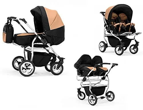 Zwillingskinderwagen 4 in 1 Duo inkl. Autositze - 13 Teile - Kinderwagen Set mit 3 Aufsätzen, höhenverstellbarem Griff und Federung für hohen Komfort. Ideal für Geschwister unterschiedlichen Alters - alles für Unterwegs von Geburt bis 4 Jahre.