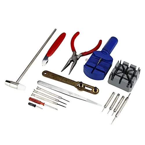 Flexzion Uhrenwerkzeug, 16 tlg. Uhrmacherwerkzeug set, Uhr Werkzeug Set für Armband- & Batteriewechsel, Uhren Reparatur Set mit Gehäuseöffner, Gehäusemesser, Stiftaustreiber, Schraubendreher, Hammer