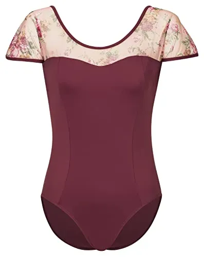 tanzmuster Ballett Trikot Damen Kurzarm - Marleen - Elegantes Tanzbody mit Netz-Einsätzen in Burgunder - Elegantes Balletttrikot mit geblümten Netz-Einsätzen und tiefem Rückenausschnitt. Hergestellt aus hochwertigem, elastischem Nylon für optimale Bewegungsfreiheit. Ideal für den Tanz, pflegeleicht bei 30° waschbar.