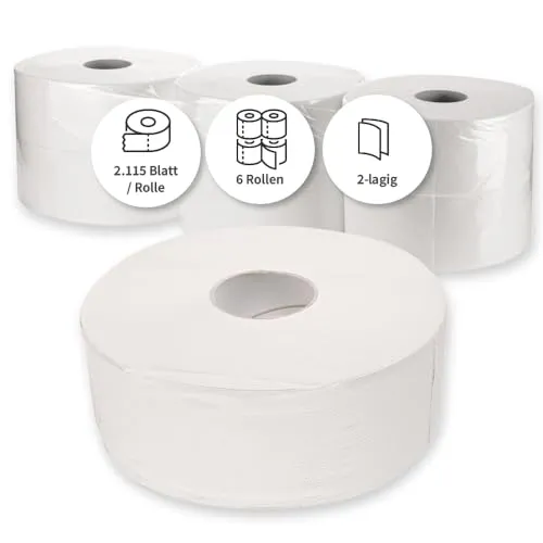 Franz Mensch HygoClean Toilettenpapier, Jumbo, 2-lagig, in weiß | aus Recyclingpapier, 6 Rollen je 2115 Blatt, 380 Laufmeter, ⌀ 26 cm, WC-Papier, Klopapier