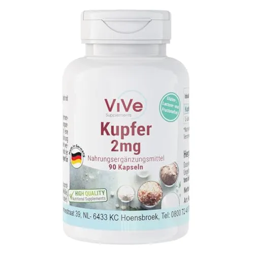 Kupfer 2 mg - 90 Kapseln Kupferbisglycinat - Vegan - essenzielles Spurenelement | Qualität aus Deutschland von ViVe Supplements
