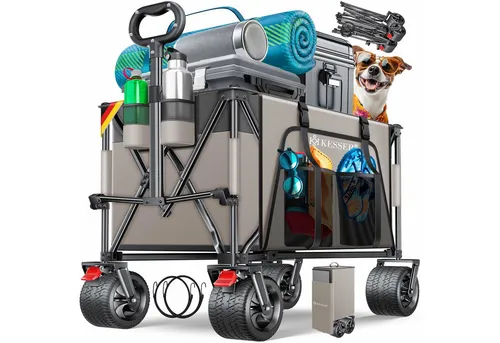 KESSER Bollerwagen GTR9000 Handwagen Outdoor Transportwagen 200L Stauraum 360° Räder (Strandwagen faltbar inklusive Cover, Seitentasche & Getränkehalter), Gartenwagen UV- & Wetterbeständig mit Feststell-Bremsen & breite Räder