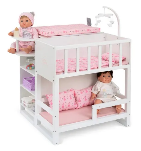 ELLA & PIET® Großes Puppenpflegecenter Nursery 6in1 aus Holz (Weiß-Rosa) - Puppenmöbel: Multifunktionales Pflegecenter mit Bett, Hochstuhl und Badewanne - ideal für kreative Rollenspiele und hochwertige Verarbeitung aus Echtholz.