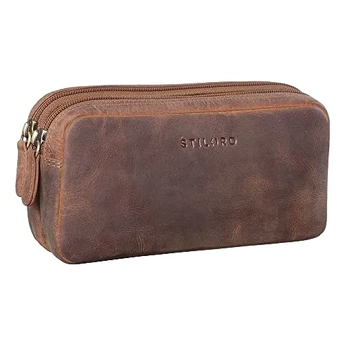 STILORD 'Eddie' Leder Federmäppchen Stifteetui Groß Stiftemappe mit 2 Reißverschluss Fächern Schlamper-Mäppchen Vintage Federmappe Etui Kosmetiktasche Echtleder, Farbe:mittel - braun