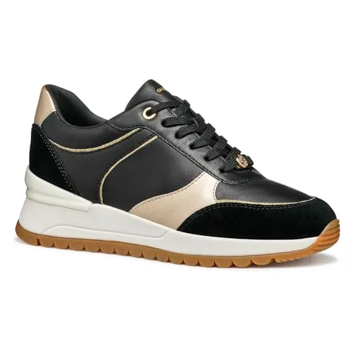 Geox Damen D DESYA A Sneaker, Black/Lt Gold, 40 EU - Damen-Sneaker mit atmungsaktiver Technologie für optimalen Komfort und Style.