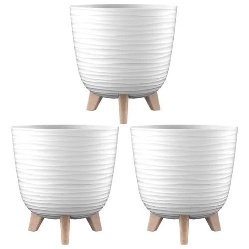 Engelland - 3 x Blumentopf mit Füßen & Bewässerungssystem, Weiß, Ø 24 cm, Pflanzkübel, Übertopf, Wellenmuster, Innen- & Außenbereich, Drainagesystem & Wasserspeicher, rund, Kunststoff