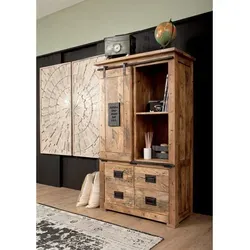 Massivmoebel24 Dreh- und Schwebetürenschrank RAILWAY #113 - Schrank aus massivem Mangoholz (90x45x150), im Industrial-Stil mit einzigartigen Wurmlöchern und hochwertigen Metallapplikationen. Langlebig und montiert geliefert.