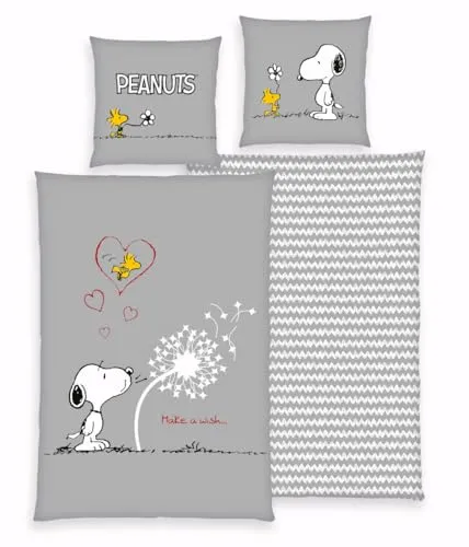Herding Peanuts Bettwäsche Snoopy 80 x 80 + 135 x 200 cm - Bettwaren-Set für Kinder mit Snoopy-Motiv, aus 100% Baumwolle, waschbar bei 60°C und mit Reißverschluss für einfachen Bezugwechsel.