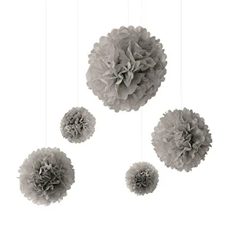 Frau WunderVoll® 5er Set Pompoms, GRAU, 2X Ø20, 2X Ø30, 1x Ø40 cm/Deko Hochzeit, Seidenpapier, Seiden Blumen, Papierblumen, Geburtstagsdeko, Tischdeko, Hochzeitsdeko, Gartenfest, Garten Party