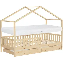 ML-DESIGN Spielbett Hausbett Kinderbett 90x200cm - Betten: Modernes Hausbett aus massivem Kiefernholz mit 2 Schubladen für praktischen Stauraum und einer hypoallergenen Matratze für optimalen Schlafkomfort.