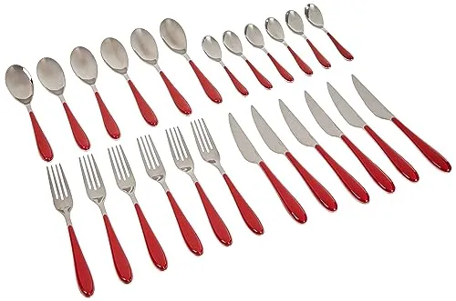 Bugatti Besteck-Set Gioia, 24-teilig, Rot - Hochwertiges 24-teiliges Besteckset aus massivem Stahl 18/10 mit ergonomischen roten ABS-Griffen, ideal für stilvolle Tischdekorationen und spülmaschinengeeignet.