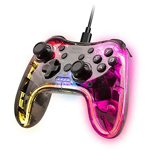 Mars Gaming MGP-C, Professionelles Neon RGB Gamepad, Duale Haptische Vibration, Analoge Joysticks, Controller für PC, PS3, Mac, Switch, Switch 2, Raspberry Pi, Android, Transparent