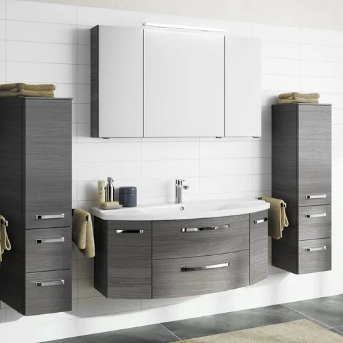 Badmöbel Set 120cm mit LED Spiegelschrank und Keramik Waschbecken - Modernes Badmöbelset mit hängendem Waschtisch, Softclose-Schubladen und integrierter LED-Beleuchtung - ideal für stilvolle Badezimmer.