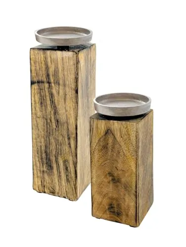 Spetebo Mango Kerzenständer mit Alu Halter - 2er Set - Holz Kerzenhalter für Stumpen- und Kugel-Kerzen - Deko Kerzenleuchter mit Metall Kerzenteller Landhaus Tischdeko Holzdeko rustikal