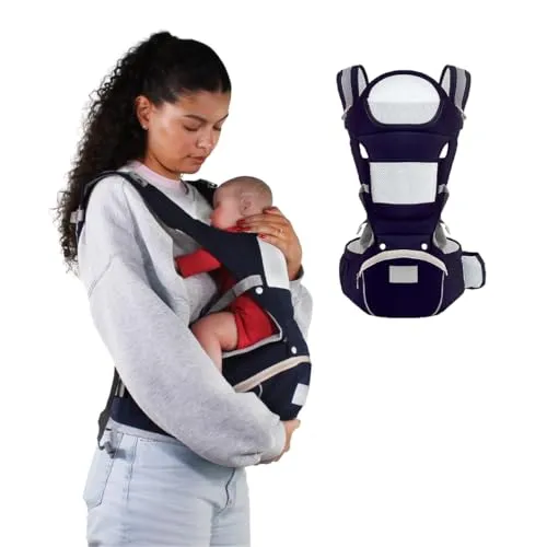 Mobiclinic® kids, Babytrage, 6 in 1, Moley, Mehrpositionale, Faltbar, Reißverschlusstasche, Flaschenhalter, Weiches premium-baumwolle, 0-36 monate, Für neugeborene und kinder (marineblau)