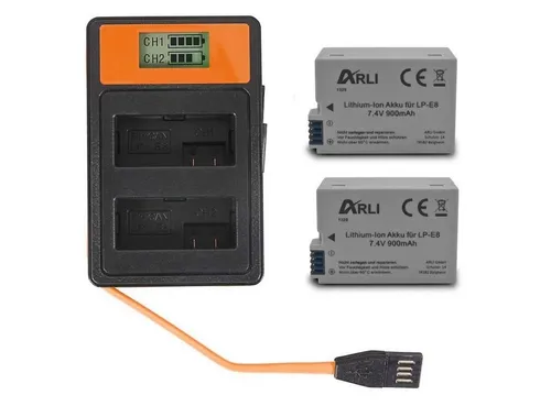 2x Akku für Canon LP-E8 mit USB Ladegerät Set - Akkus für Canon EOS 550D, 600D, 650D, 700D, 900 mAh Kapazität, inklusive praktisches USB Ladegerät für unterwegs.